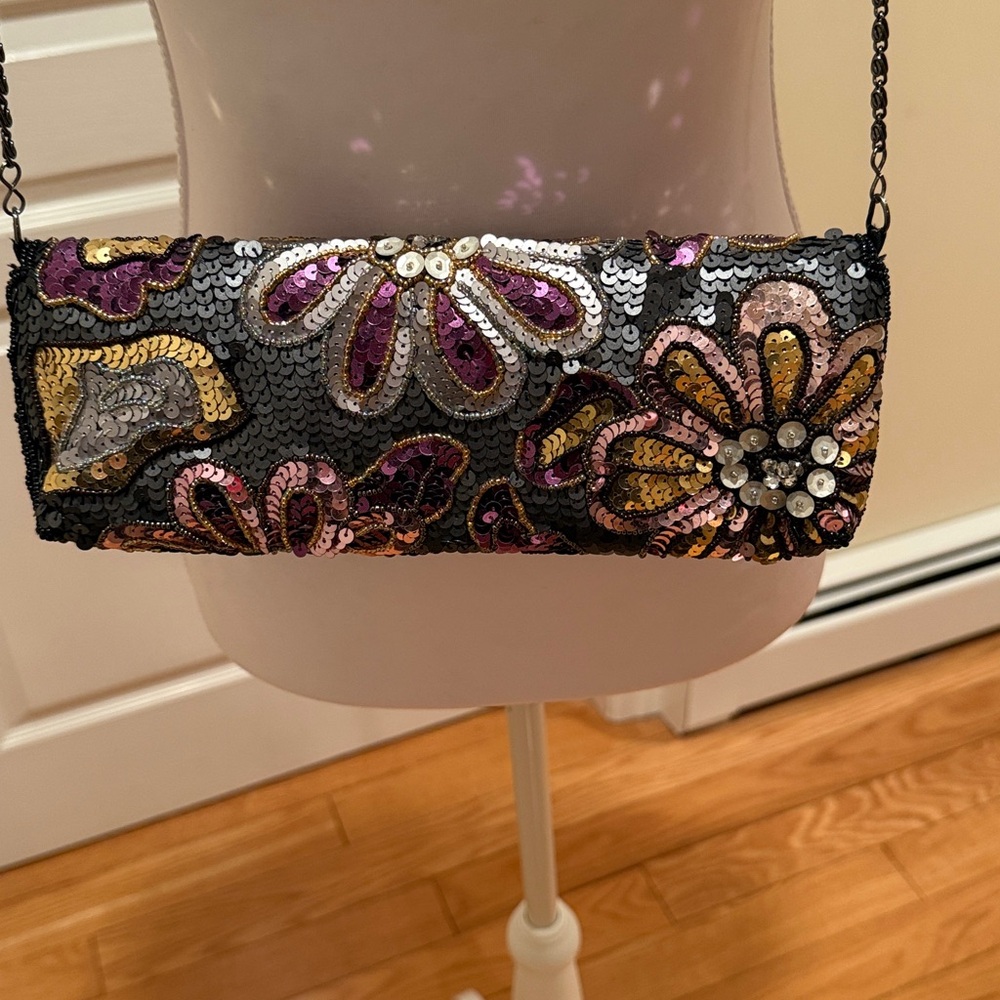 Jessica McClintock silver  Black and Purple Sequin Clutch